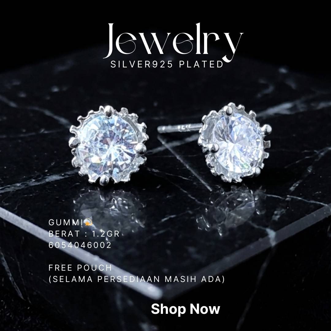 Anting perak 925 model Gummi model stud dengan zirkonia bulat di atas latar hitam