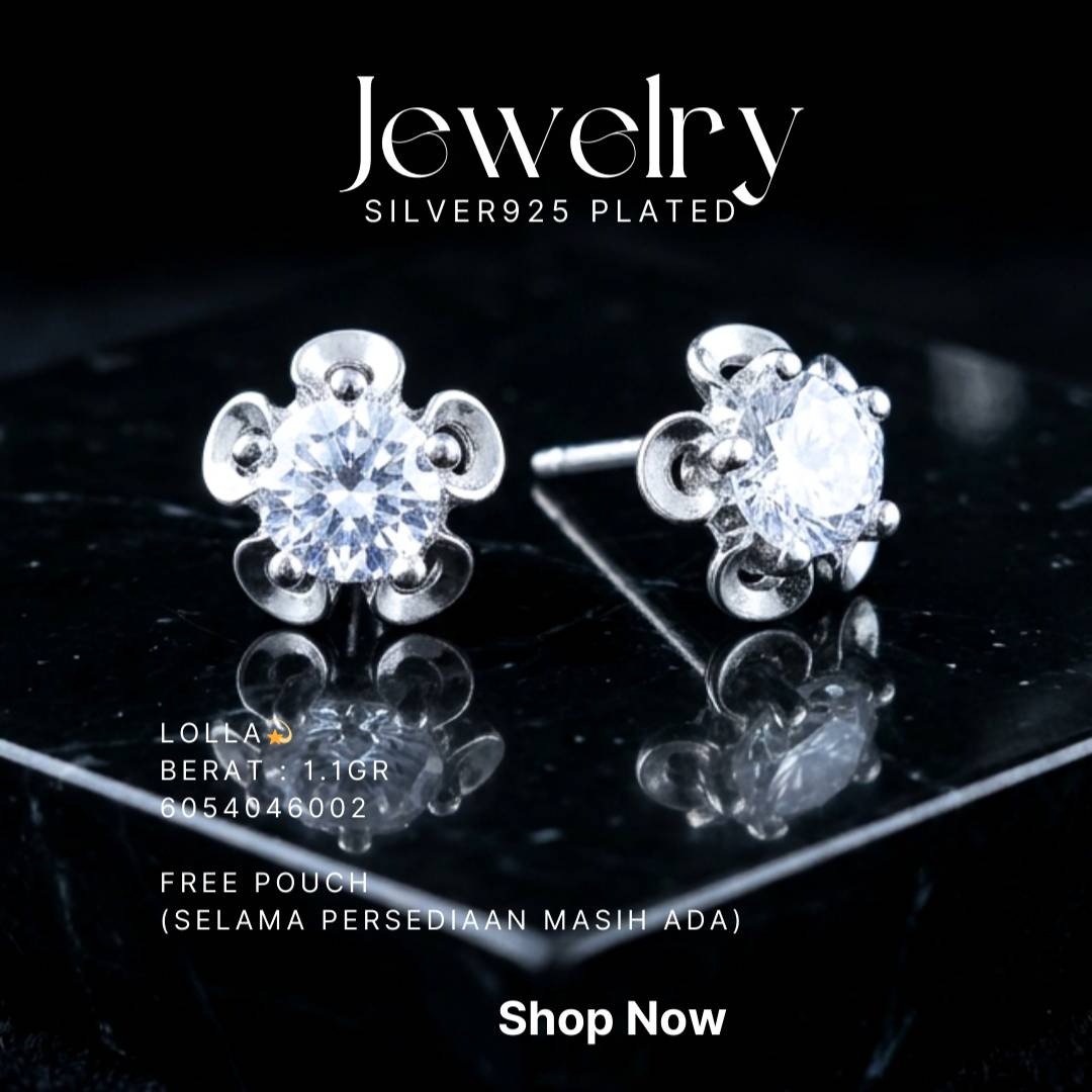 Anting perak 925 model Lolla model stud bunga dengan zirkonia di atas latar hitam
