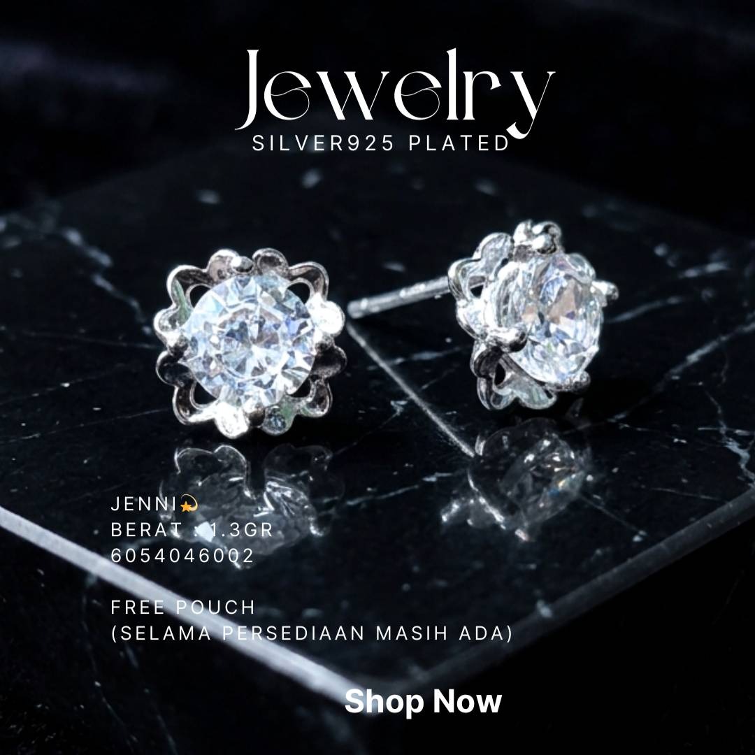 Anting perak 925 model Jenni model stud dengan zirkonia bulat di atas latar hitam
