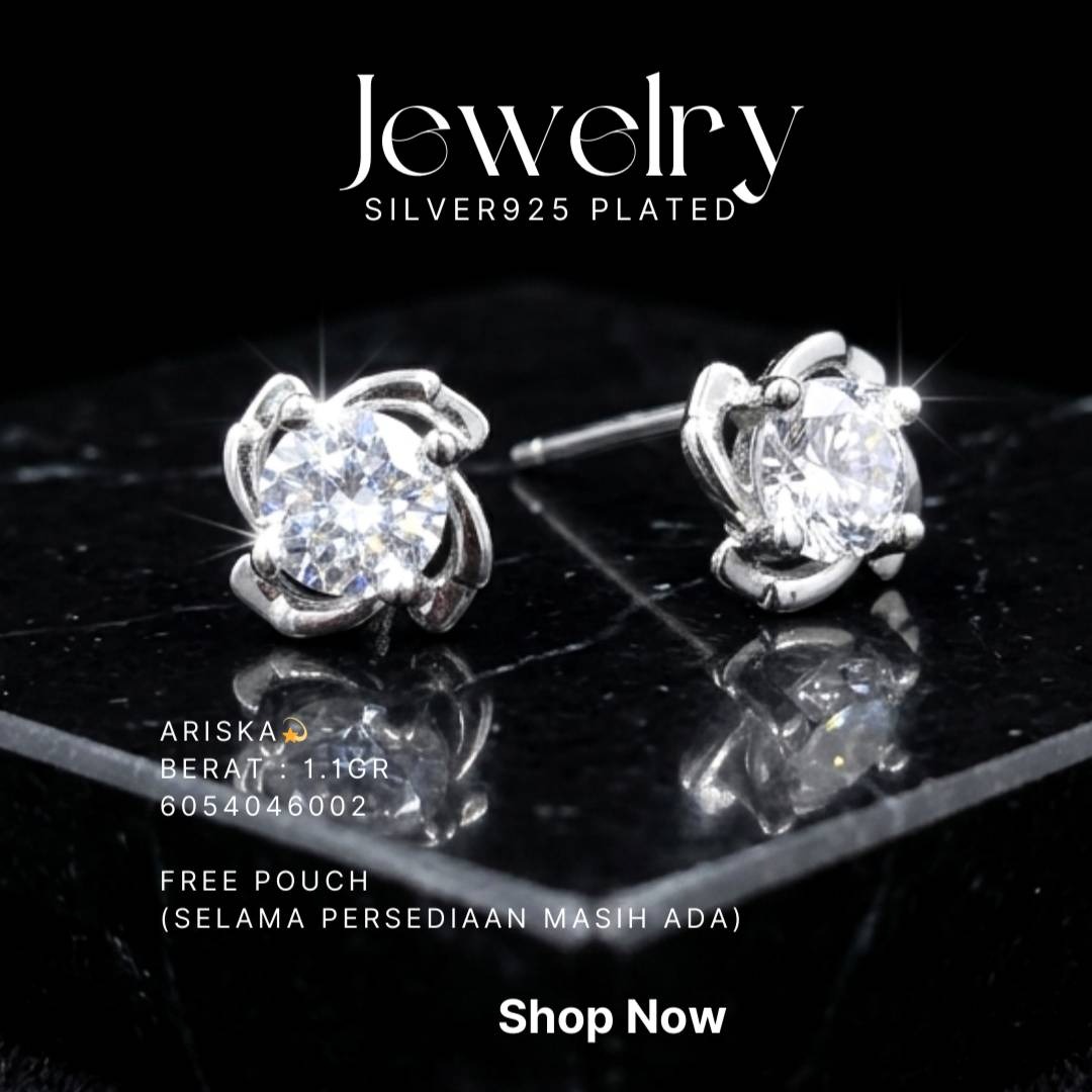 Anting perak 925 model Ariska model stud dengan zirkonia bulat di atas latar hitam