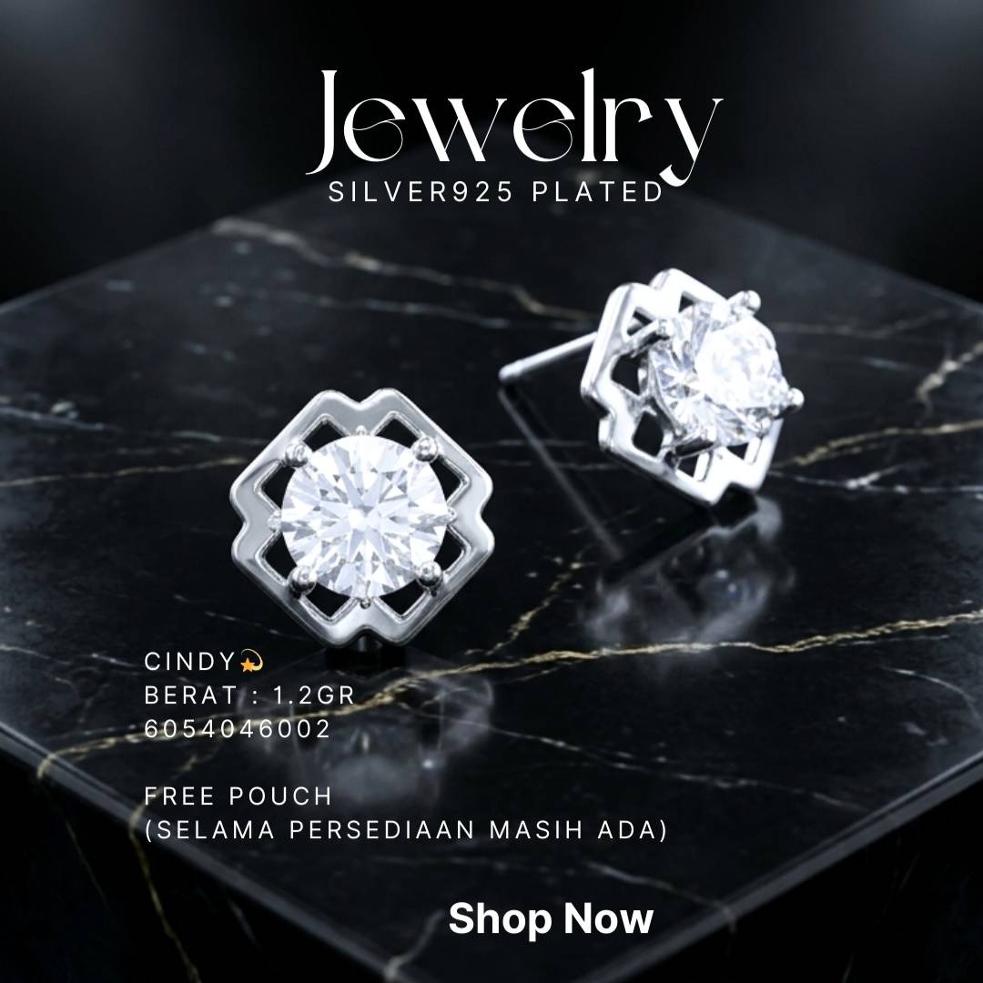 Anting perak 925 model Cindy model stud dengan zirkonia bulat di atas latar hitam