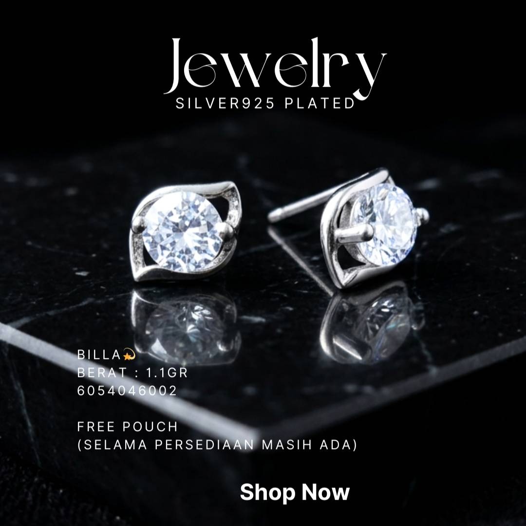 Anting perak 925 model Billa model stud dengan zirkonia bulat di atas latar hitam