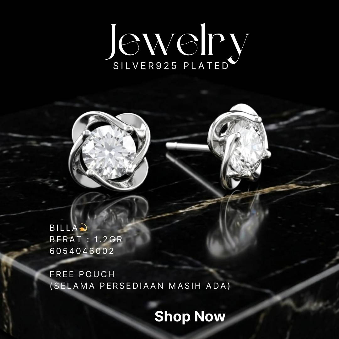 Anting perak 925 model Billa dengan zirkonia bulat model stud di atas marmer hitam