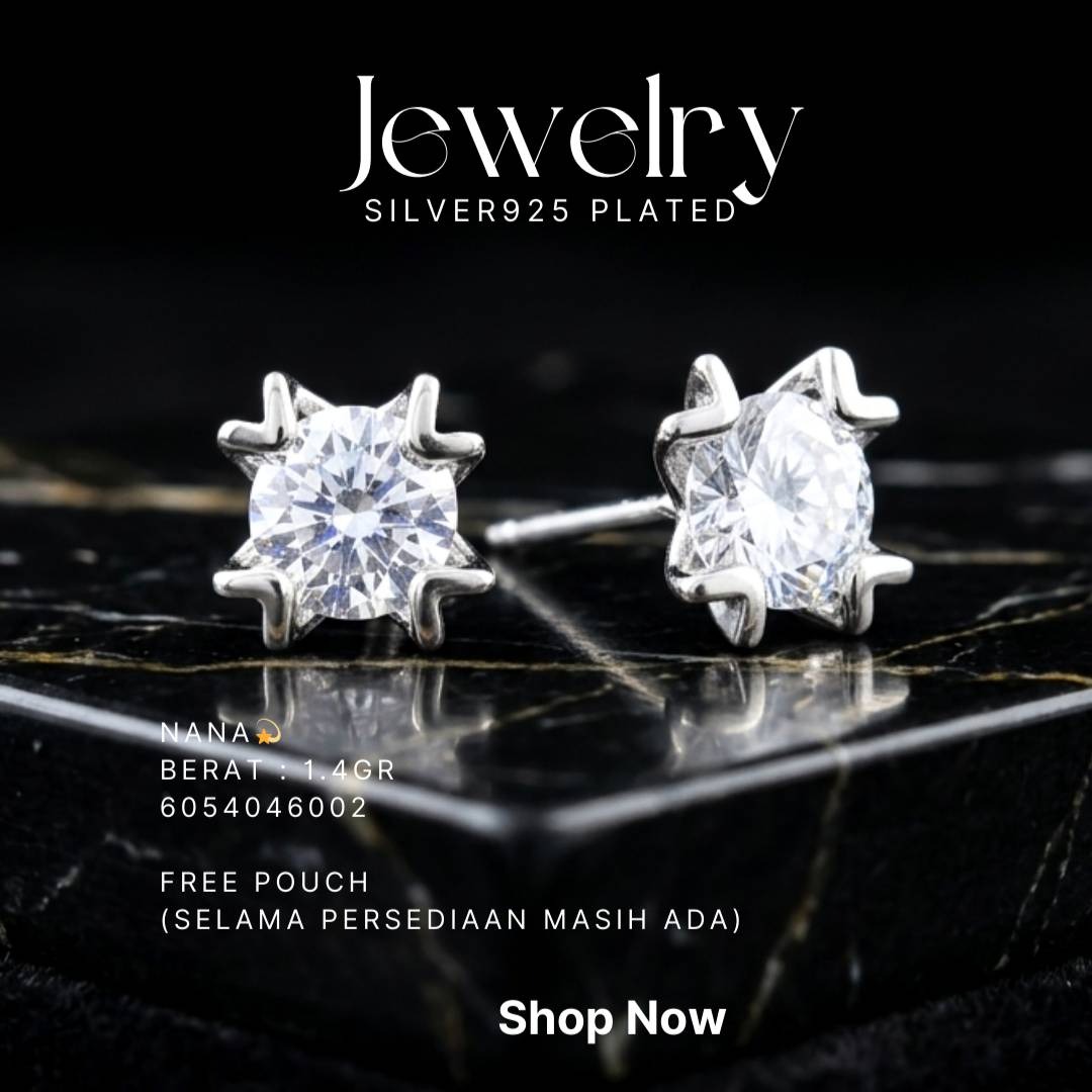 Anting perak 925 model Nana dengan zirkonia bulat model stud di atas marmer hitam