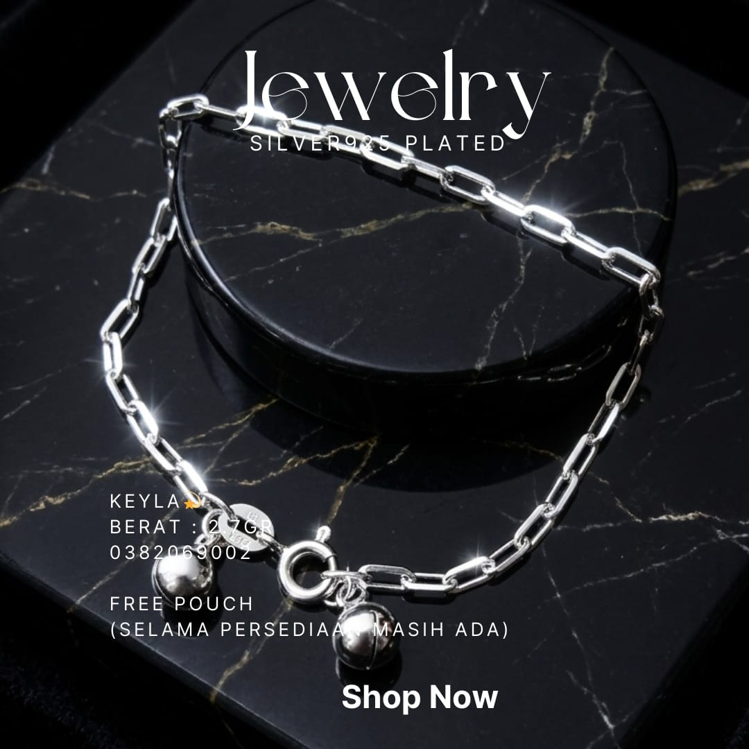 Gelang perak 925 model Keyla berantai kotak dengan lonceng kecil