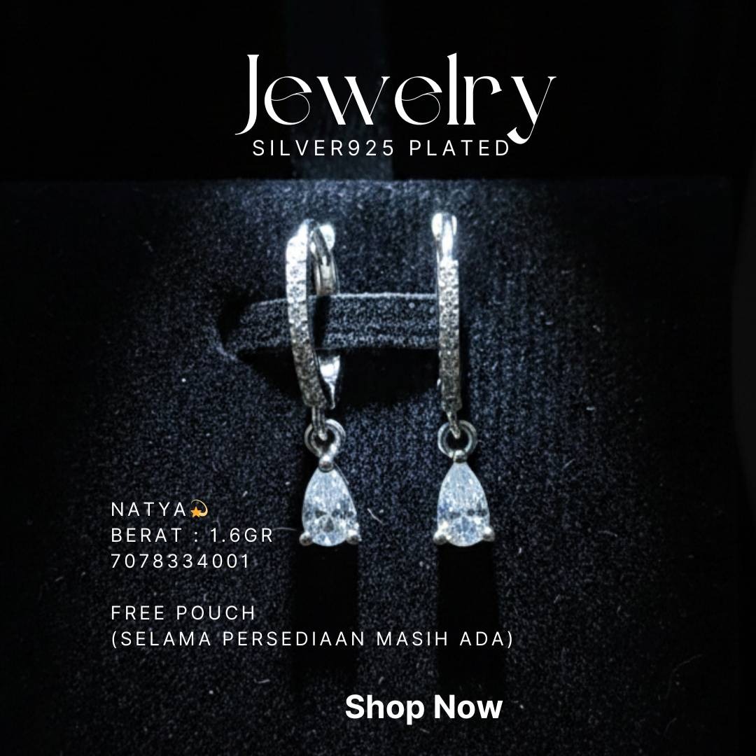 Anting perak 925 model Natya huggie dengan liontin zirkonia bentuk tetes
