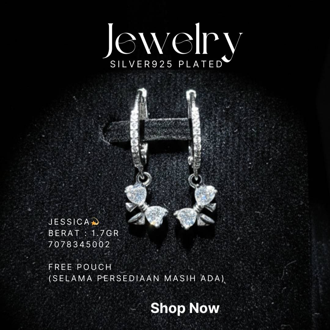 Anting perak 925 model Jessica huggie dengan liontin pita zirkonia hati