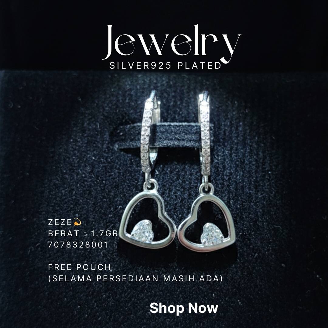 Anting perak 925 model Zeze huggie dengan liontin hati terbuka dan zirkonia