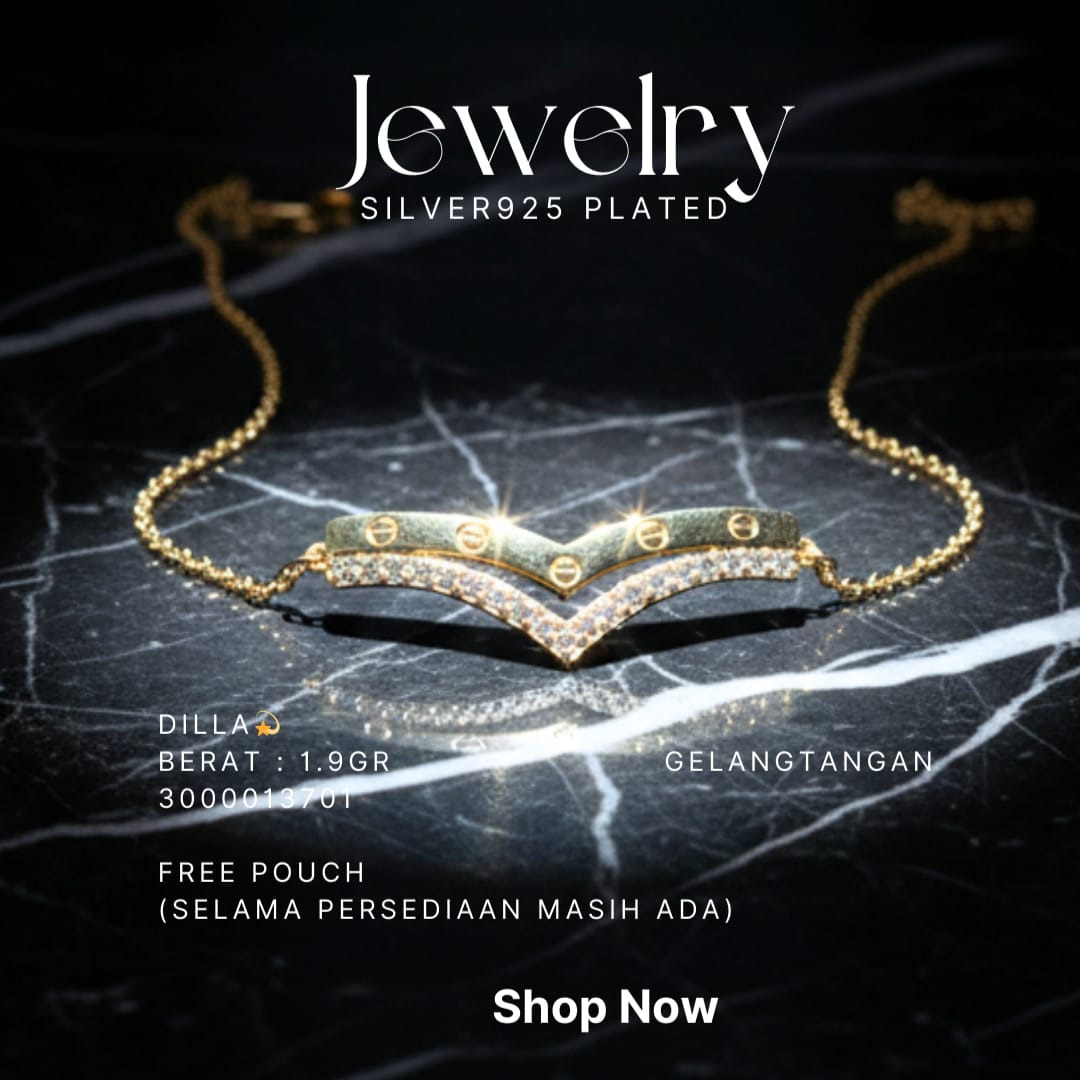 Gelang perak 925 model Dilla rantai warna gold dengan plat V dan zirkonia
