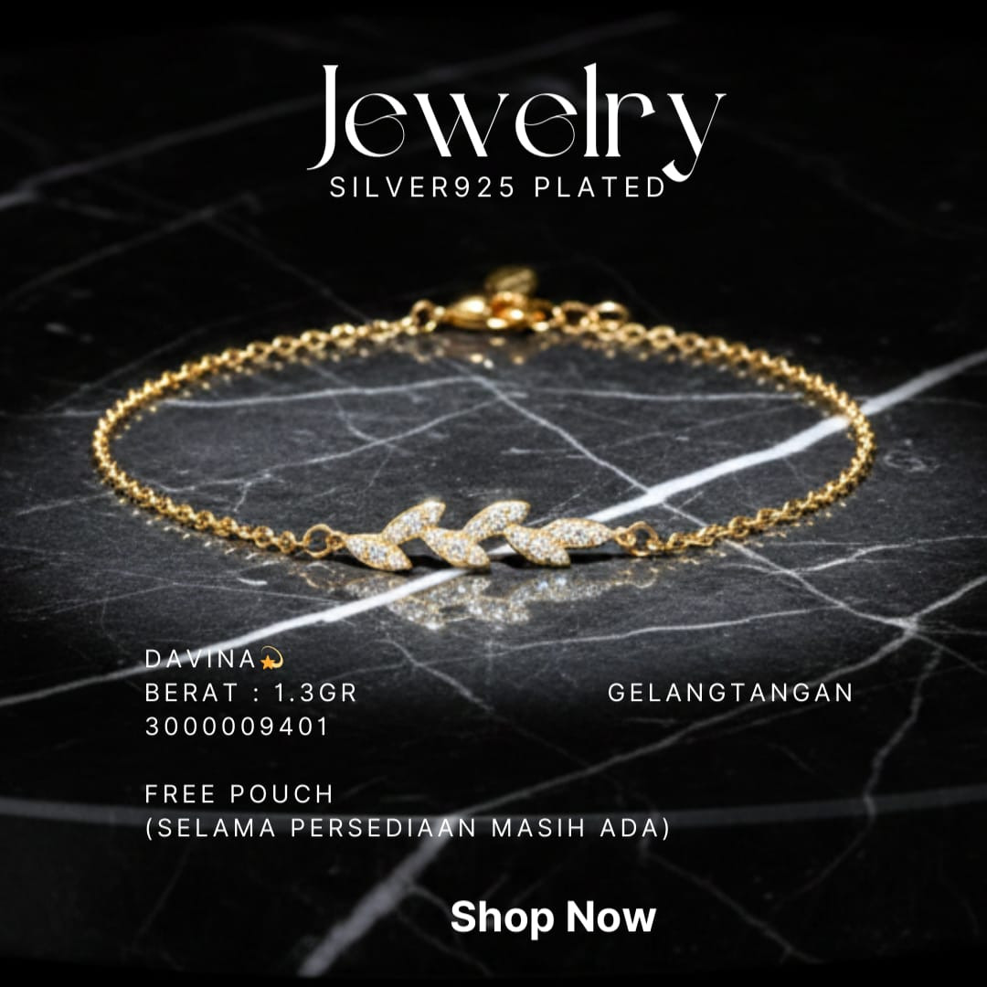 Gelang perak 925 model Davina rantai warna gold dengan motif daun zirkonia