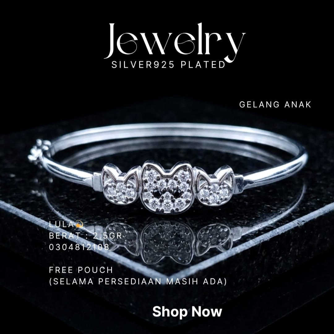 Gelang Anak perak 925 model Lula bangle dengan motif kepala kucing zirkonia
