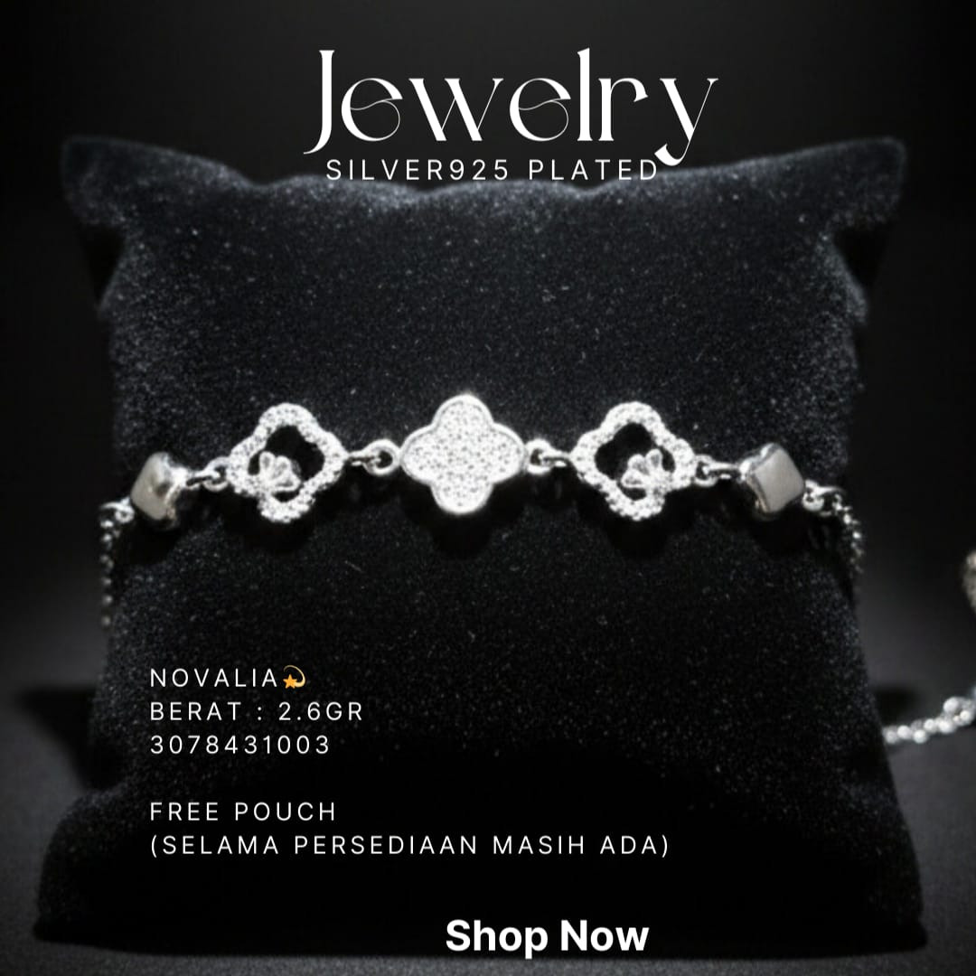 Gelang perak 925 model Novalia rantai dengan motif clover zirkonia