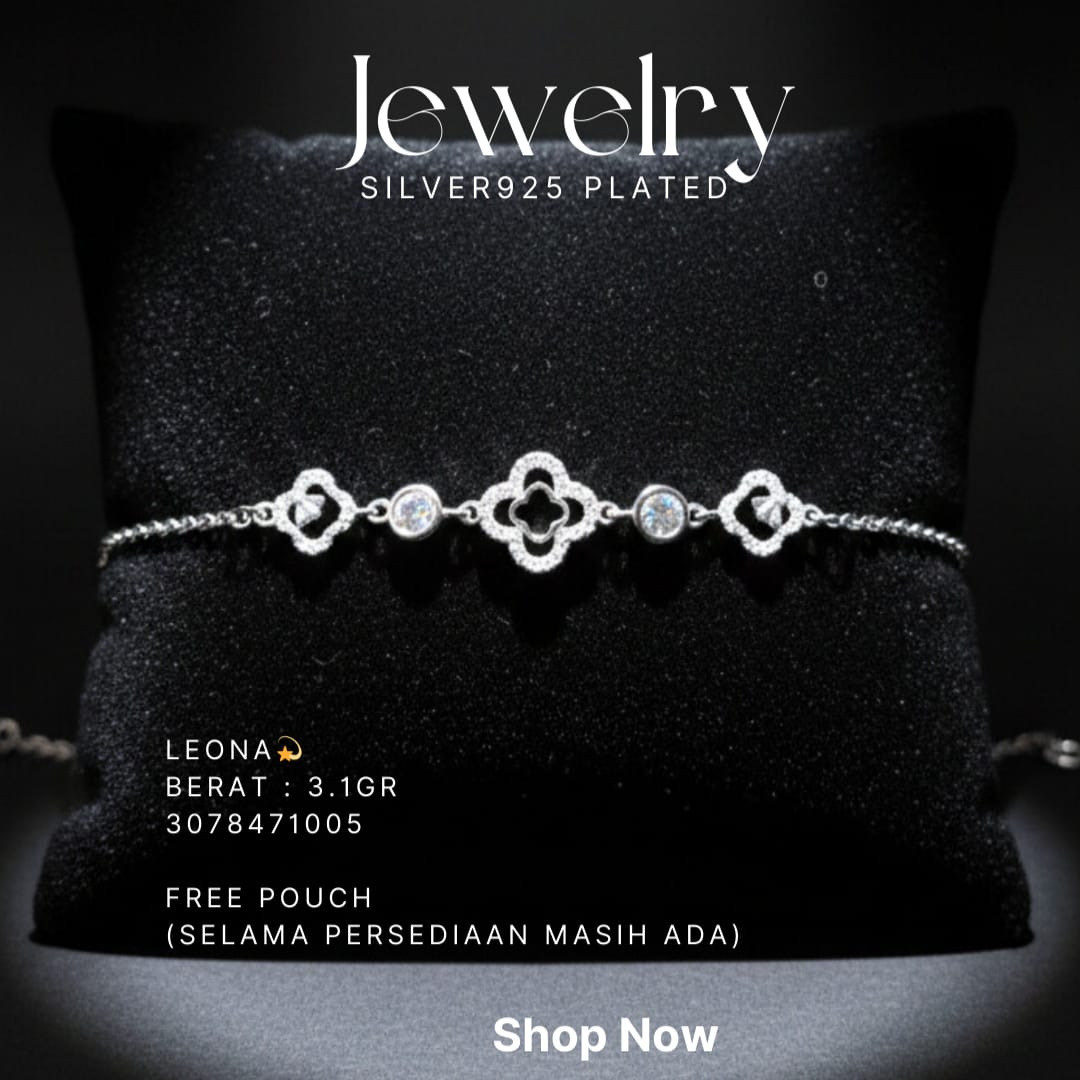 Gelang perak 925 model Leona rantai dengan motif clover dan zirkonia bulat
