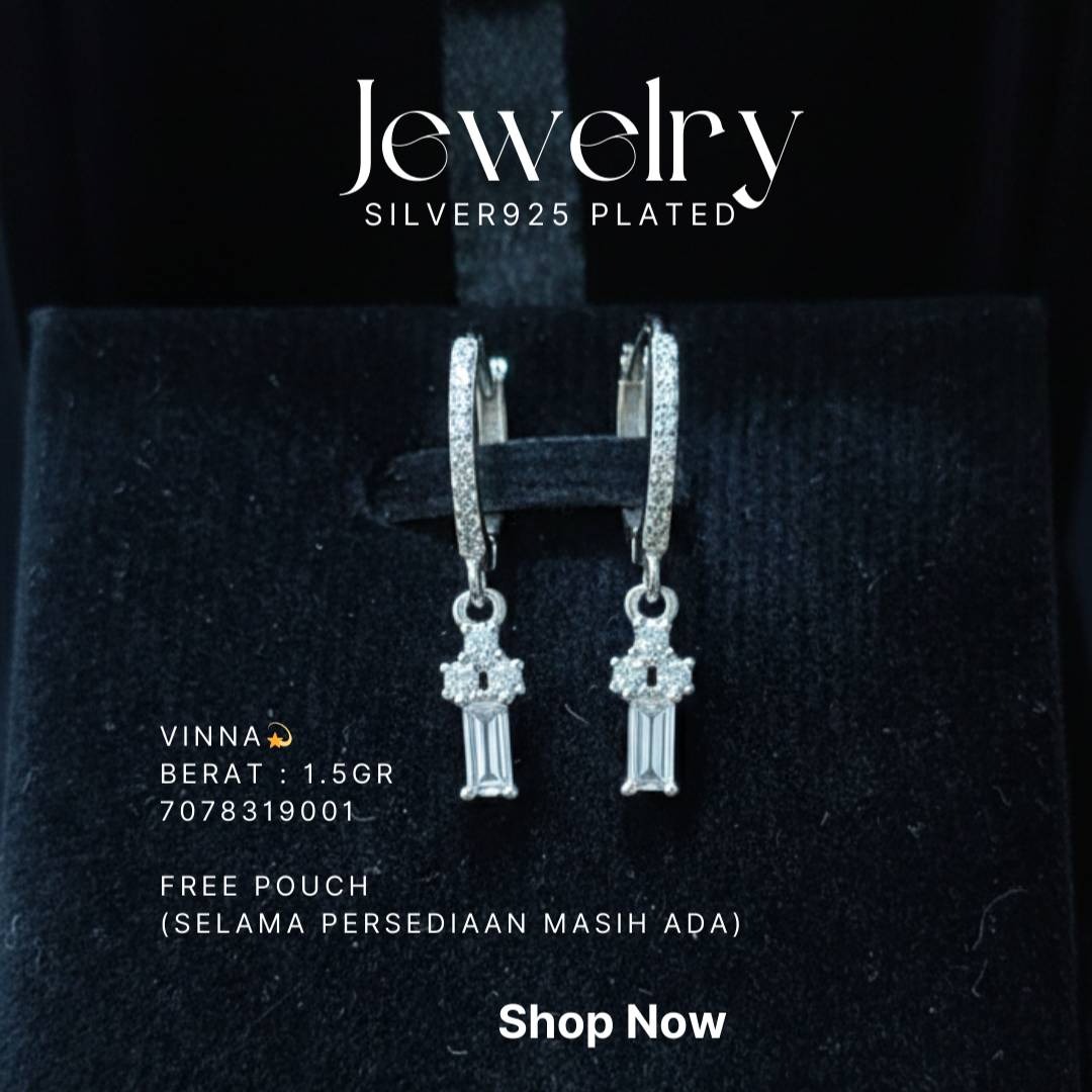Anting perak 925 model Vinna huggie dengan liontin zirkonia baguette