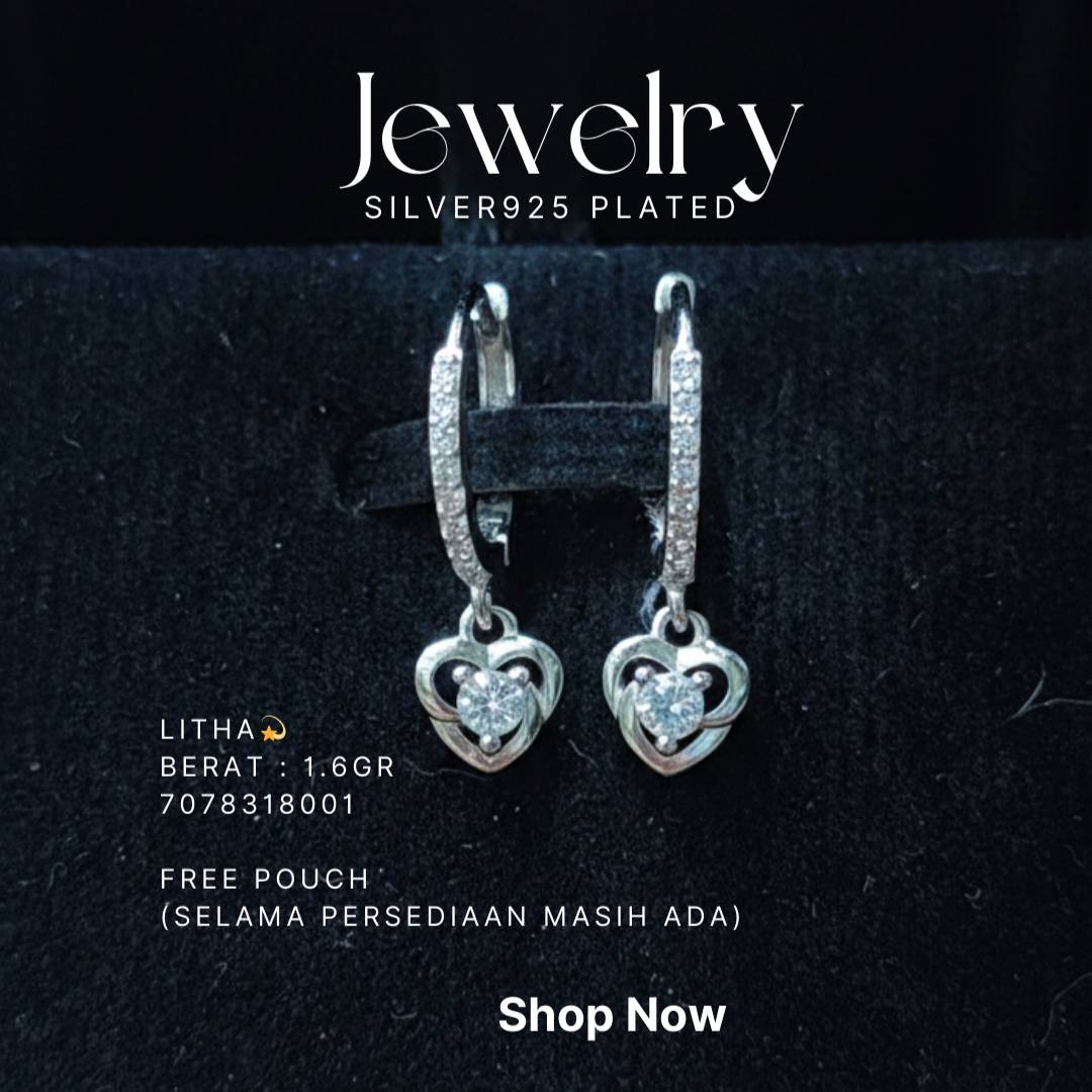 Anting perak 925 model Litha huggie dengan liontin hati dan zirkonia