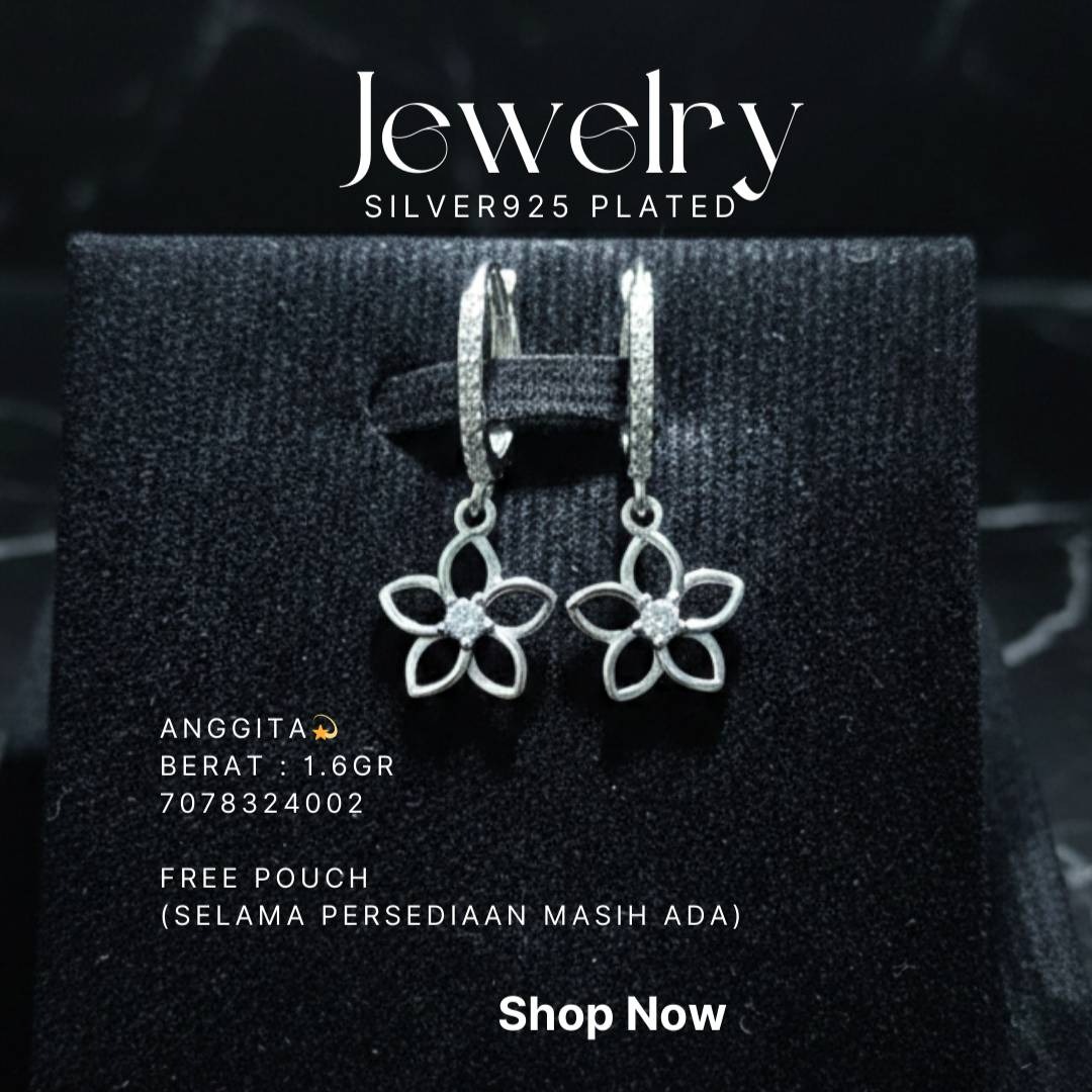 Anting perak 925 model Anggita huggie dengan liontin bunga zirkonia