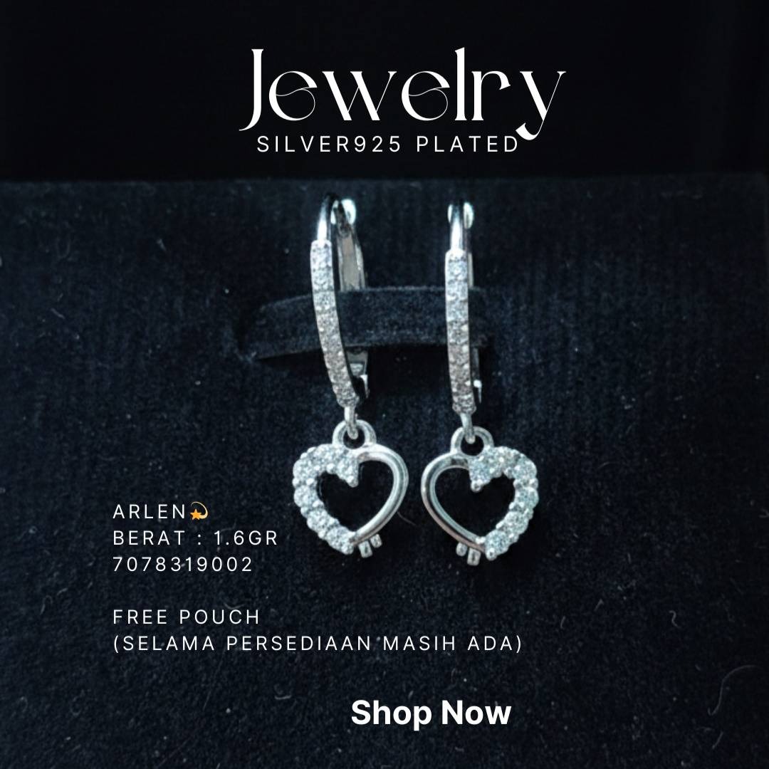 Anting perak 925 model Arlen huggie dengan liontin hati zirkonia