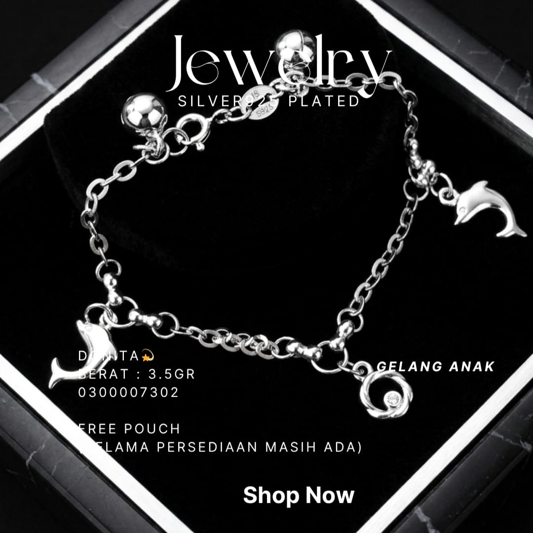 Gelang Anak perak 925 rantai dengan lonceng dan charm lumba-lumba