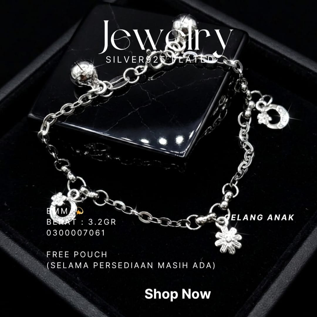 Gelang Anak perak 925 model Emma rantai dengan lonceng dan charm bunga zirkonia