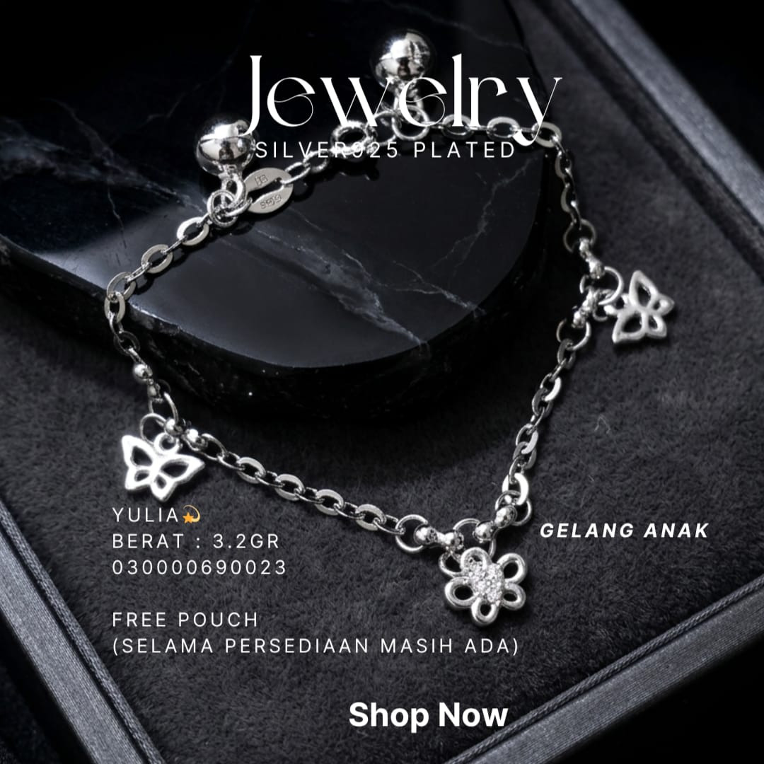 Gelang Anak perak 925 model Yulia rantai dengan lonceng dan charm kupu-kupu