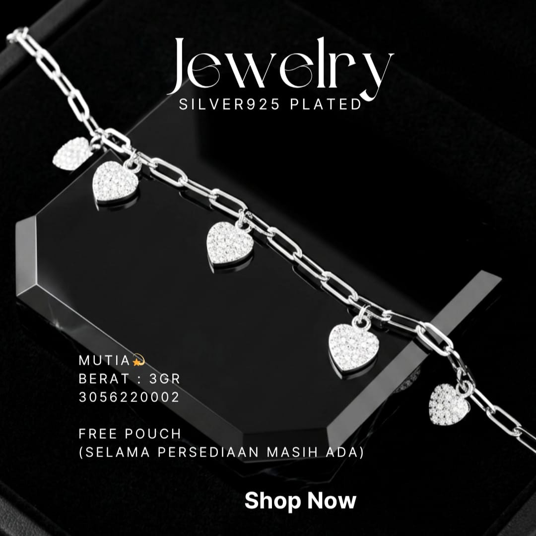 Gelang perak 925 model Mutia rantai paperclip dengan charm hati zirkonia