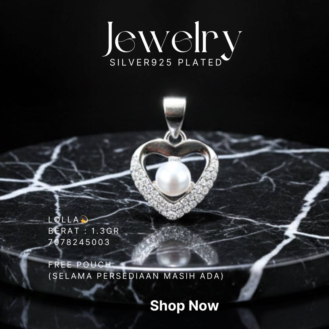Liontin perak 925 model Lolla bentuk hati dengan mutiara dan zirkonia di atas marmer hitam