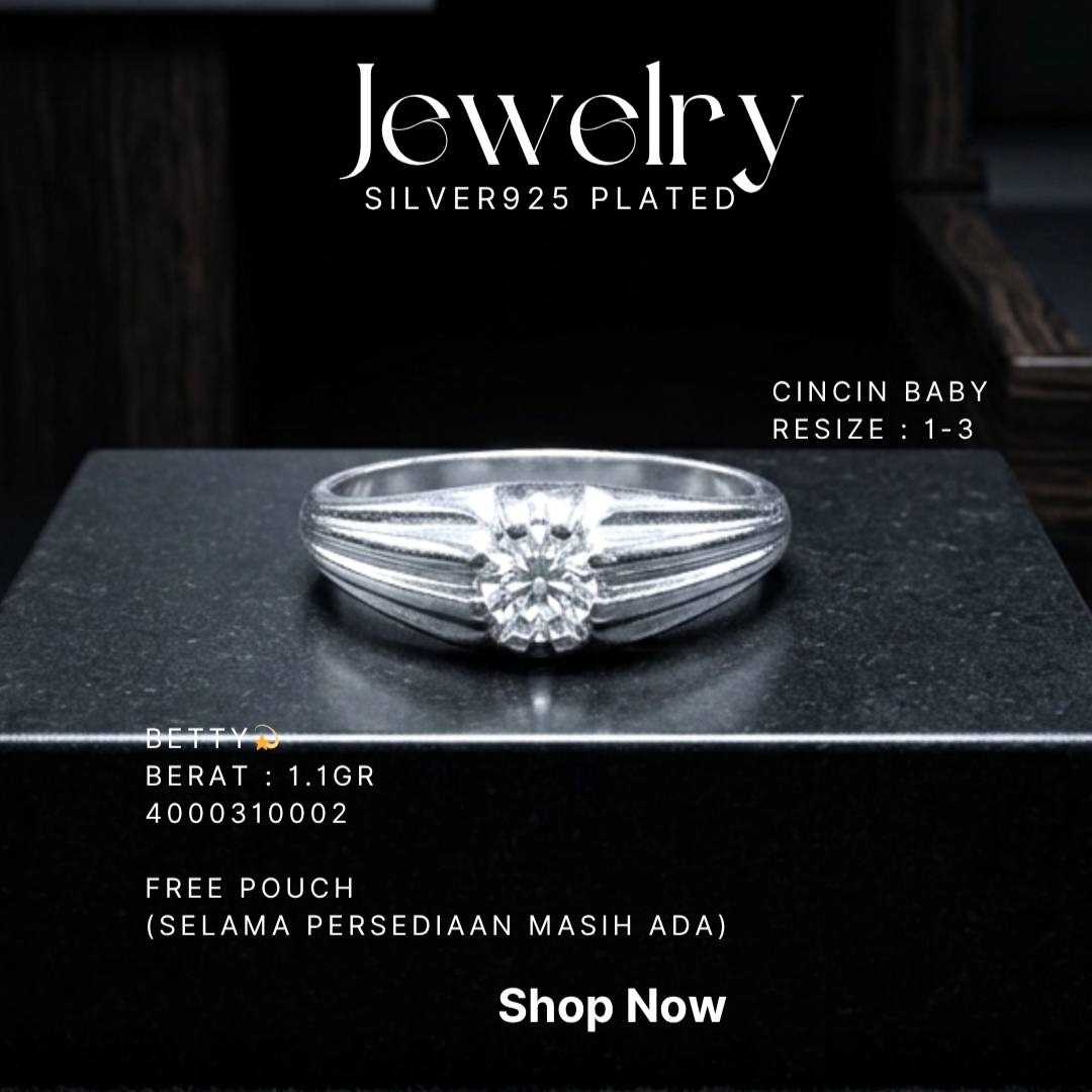 Cincin perak 925 model Betty bayi dengan zirkonia bulat di atas podium hitam
