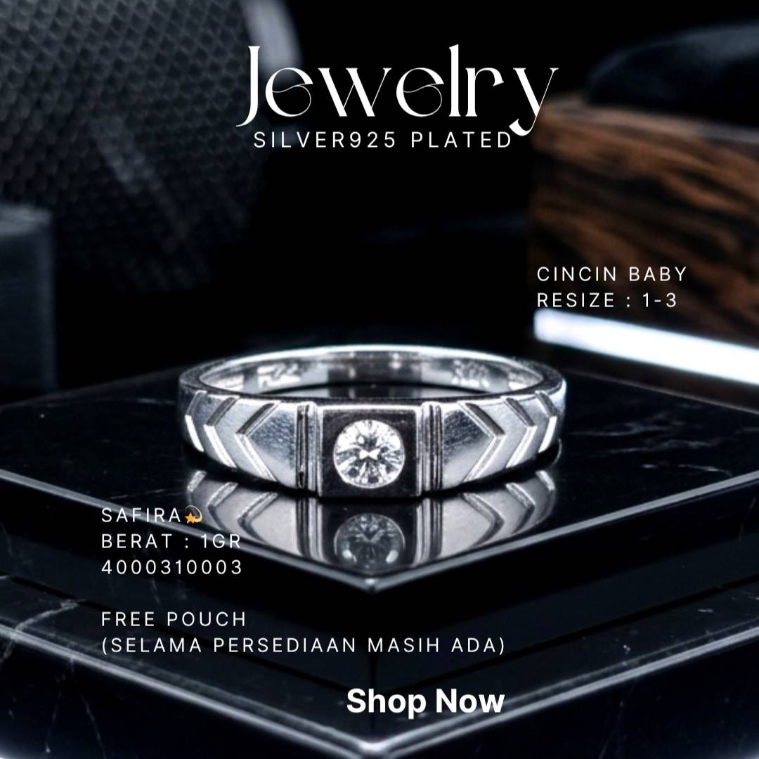 Cincin perak 925 model Safira bayi dengan zirkonia bulat dan ukiran di atas marmer hitam