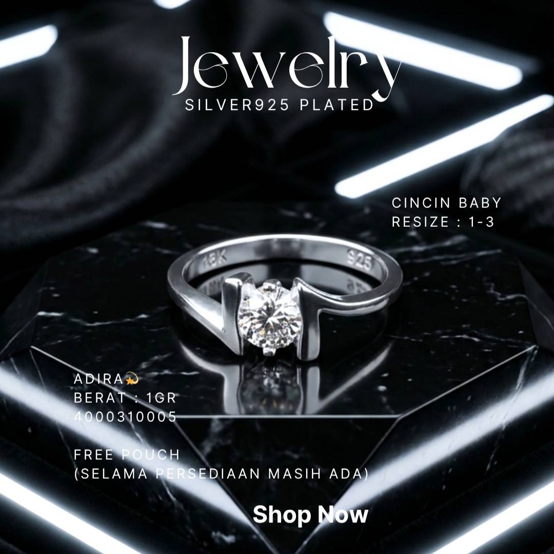 Cincin perak 925 model Adira bayi dengan zirkonia bulat di atas marmer hitam