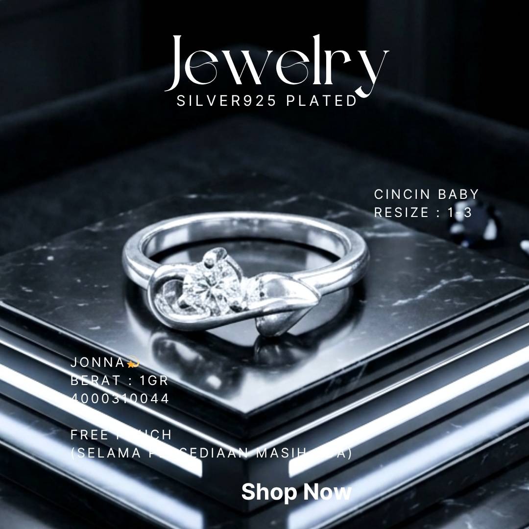 Cincin perak 925 model Jonna bayi dengan zirkonia bulat di atas marmer hitam
