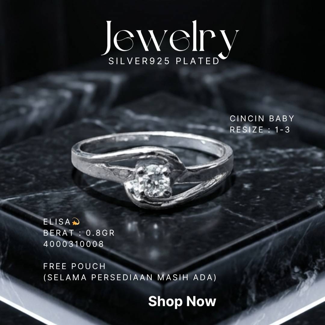 Cincin perak 925 model Elisa bayi dengan zirkonia bulat di atas marmer hitam