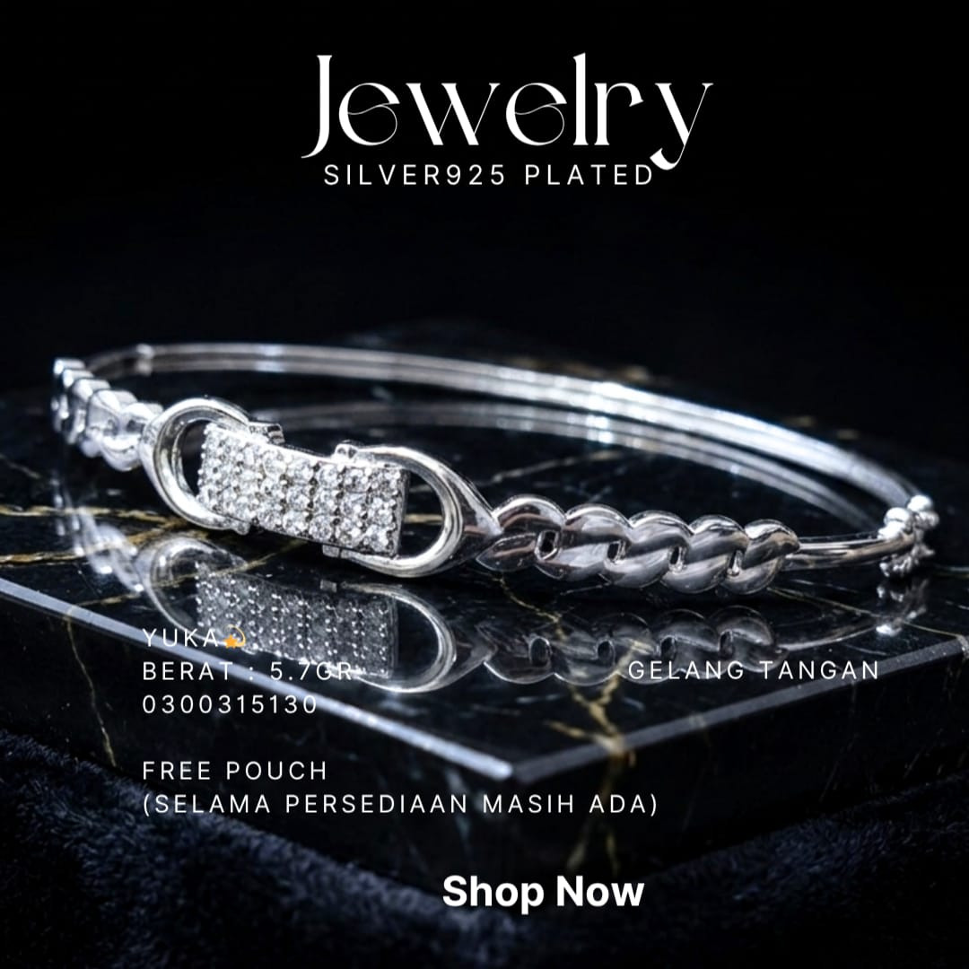 Gelang perak 925 model Yuka bangle dengan zirkonia dan rantai di atas marmer hitam