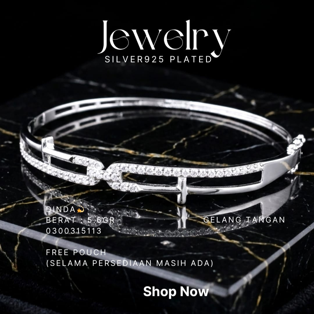 Gelang perak 925 model Dinda bangle dengan deretan zirkonia di atas marmer hitam