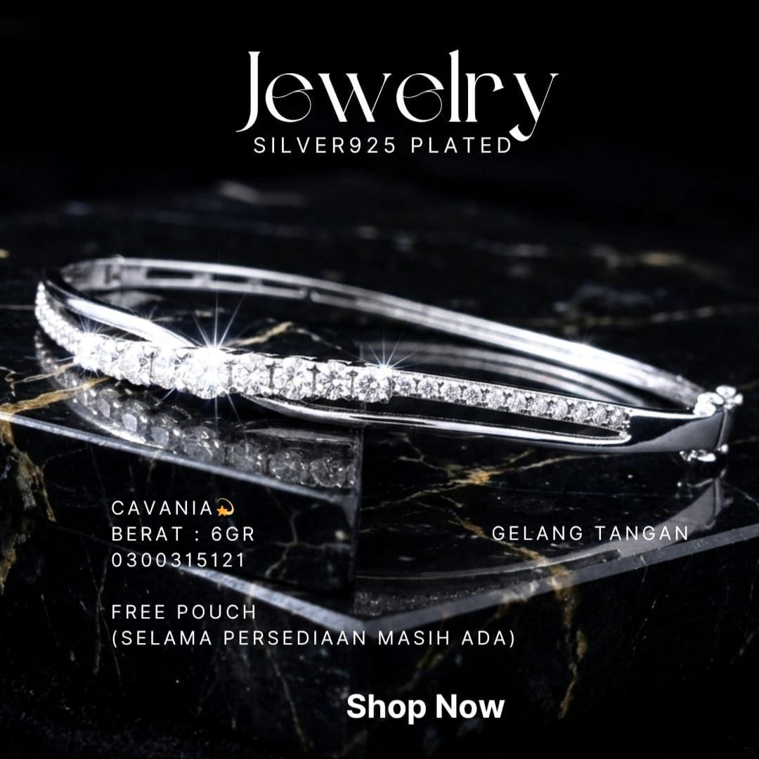 Gelang perak 925 model Cavania bangle dengan deretan zirkonia di atas marmer hitam