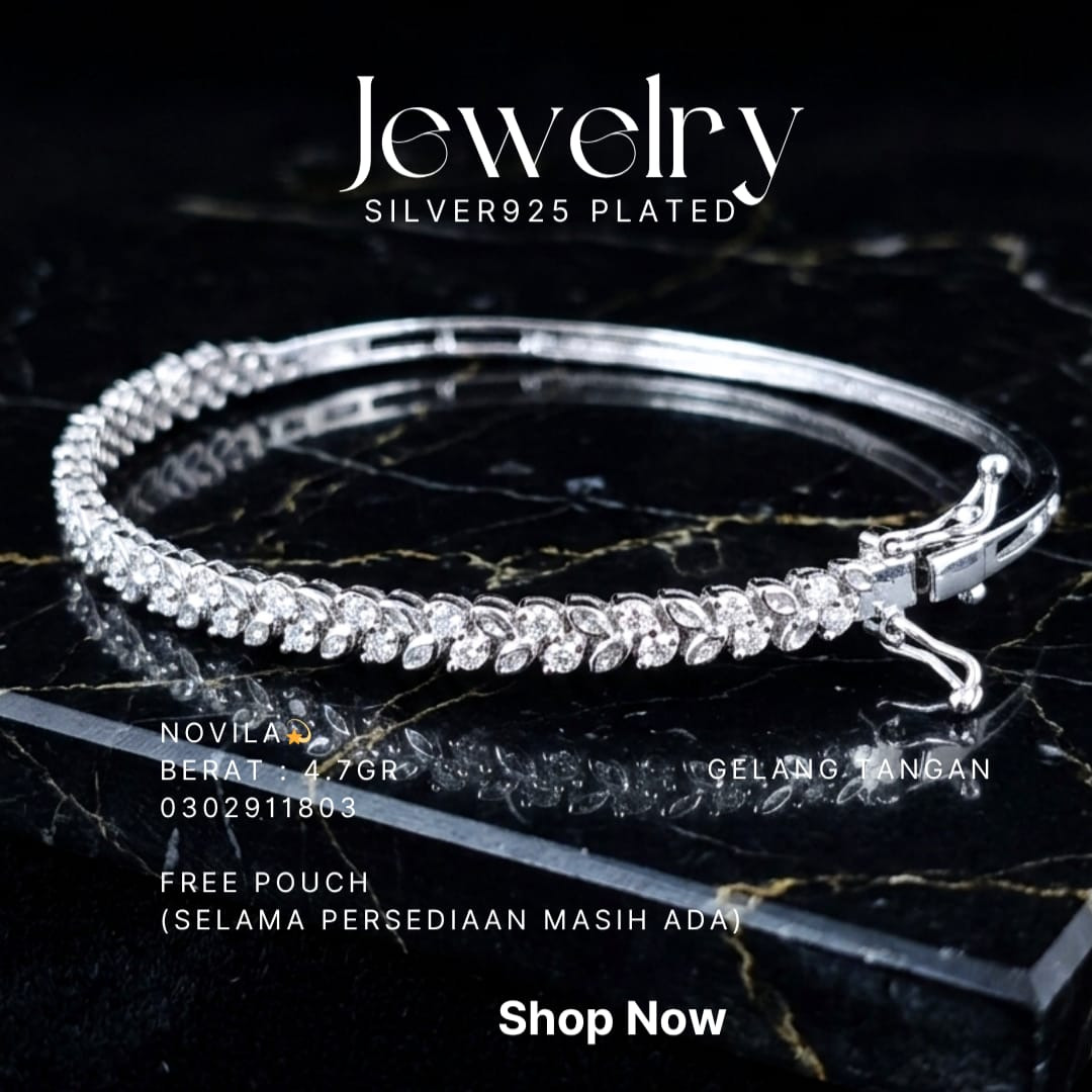 Gelang perak 925 model Novila bangle dengan zirkonia motif daun di atas marmer hitam