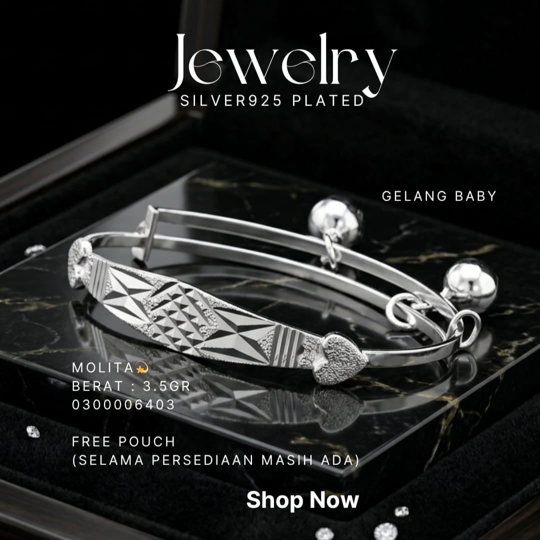 Gelang Anak perak 925 model Molita bayi dengan lonceng dan ujung hati di atas marmer