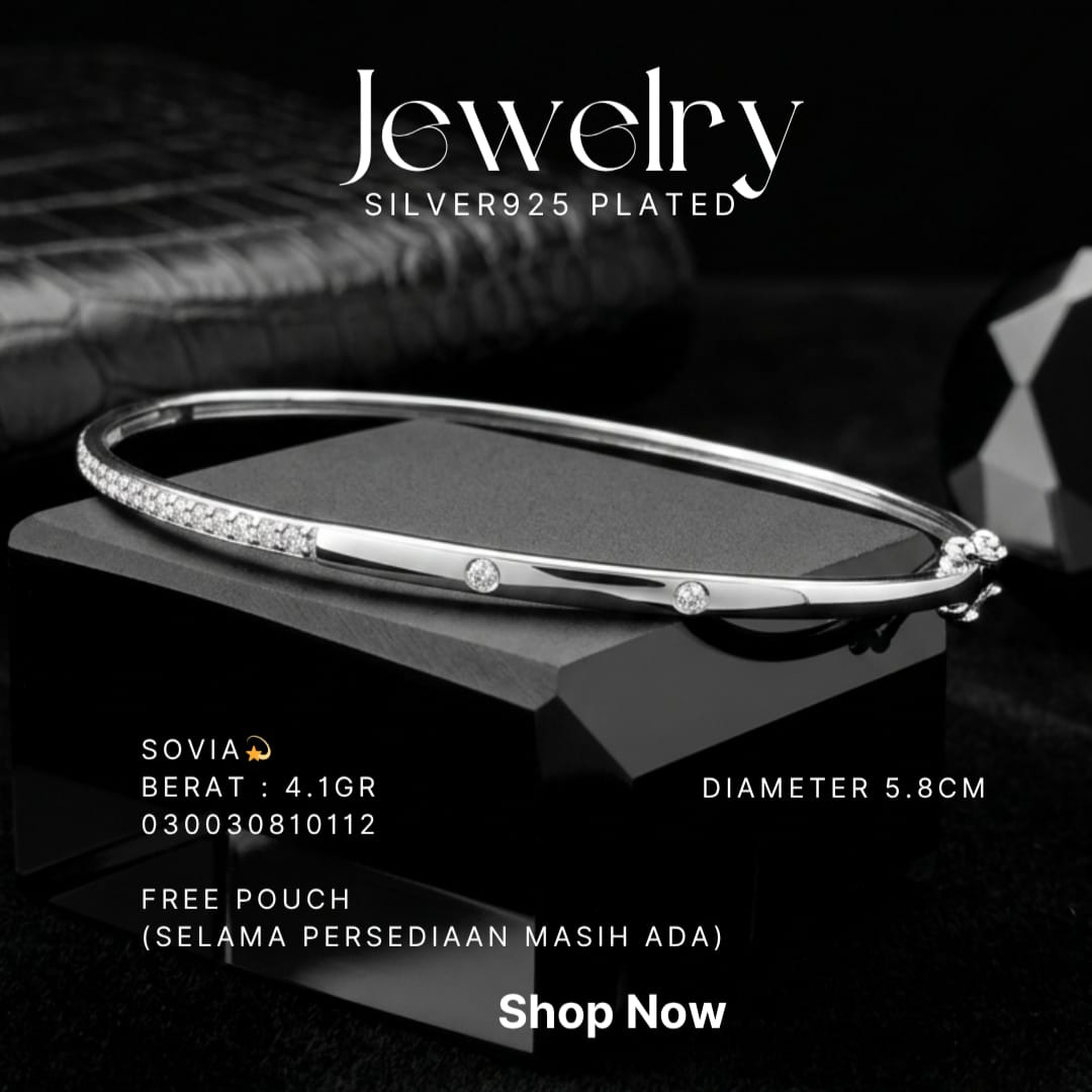 Gelang perak 925 model Sovia bangle ramping dengan deretan zirkonia di atas balok hitam