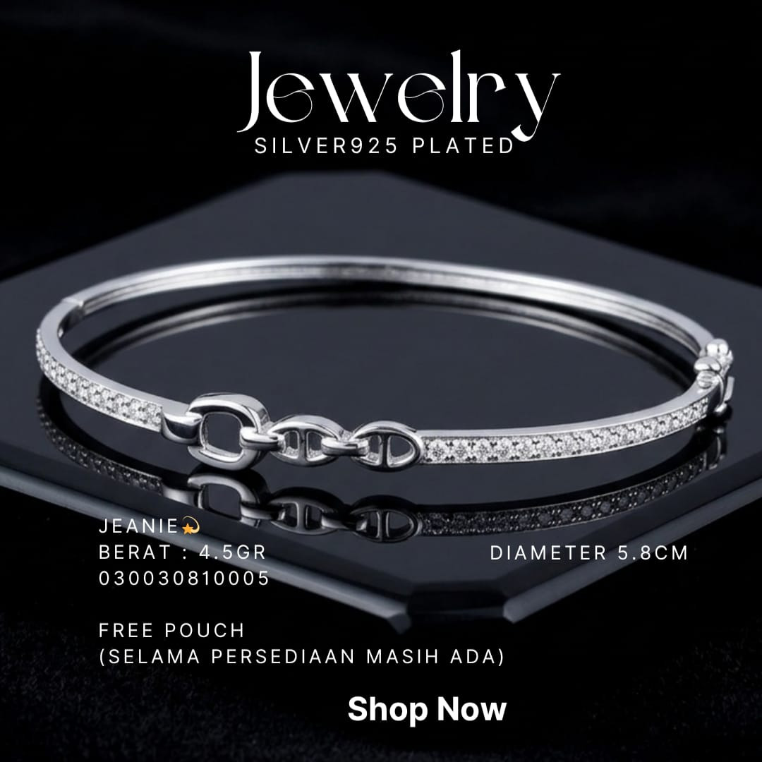 Gelang perak 925 model Jeanie bangle dengan zirkonia dan mata rantai di atas dasar hitam