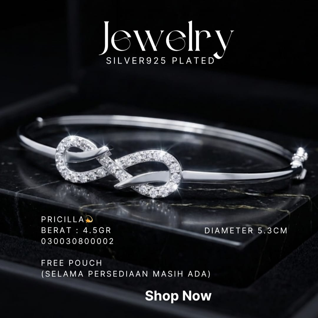 Gelang perak 925 model Pricilla bangle dengan hiasan infinity zirkonia di atas marmer hitam