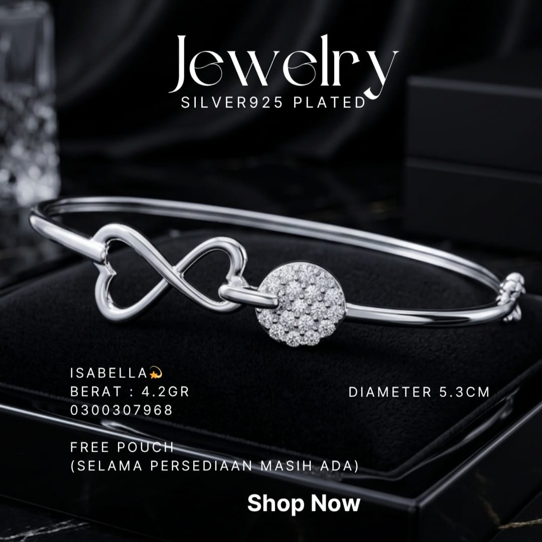 Gelang perak 925 model Isabella bangle dengan hati infinity dan zirkonia di atas bantalan hitam