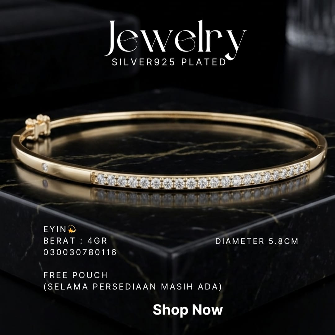 Gelang perak 925 model Eyin bangle warna gold dengan deretan zirkonia di atas marmer hitam
