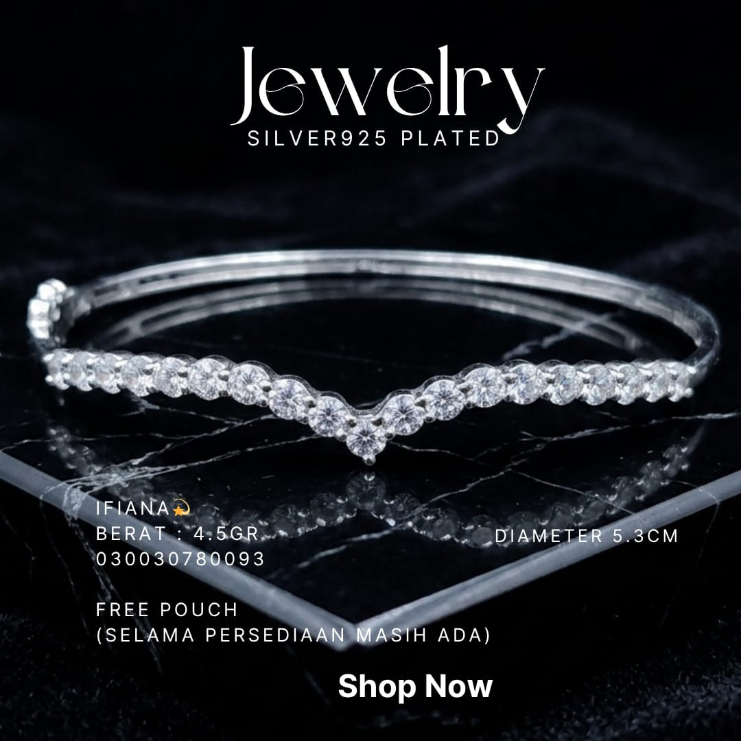 Gelang perak 925 model Ifiana bangle dengan zirkonia bulat susun V di atas marmer hitam