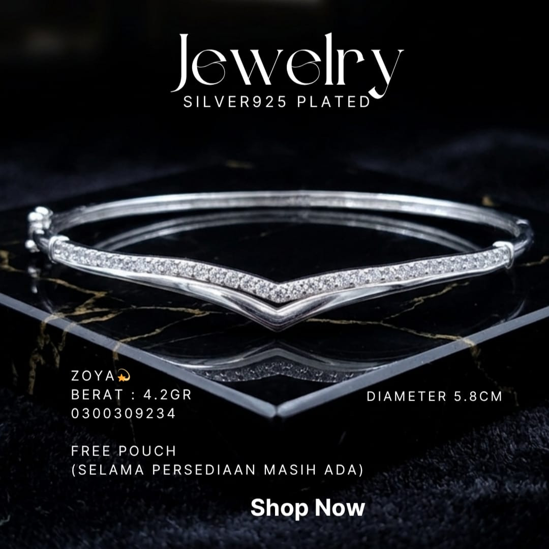 Gelang perak 925 model Zoya bangle berbentuk V dengan zirkonia di atas kaca dan marmer