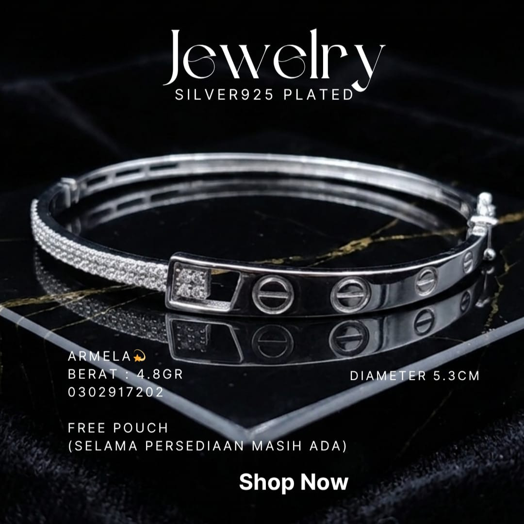 Gelang perak 925 model Armela bangle dengan zirkonia dan motif baut di atas kaca hitam