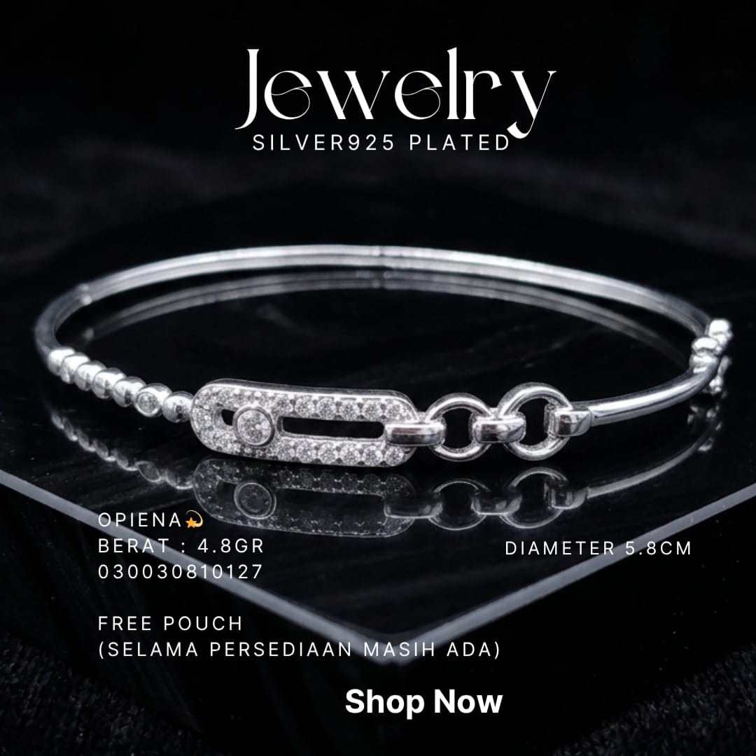 Gelang perak 925 model Opiena bangle dengan plat zirkonia dan mata rantai di atas kaca hitam