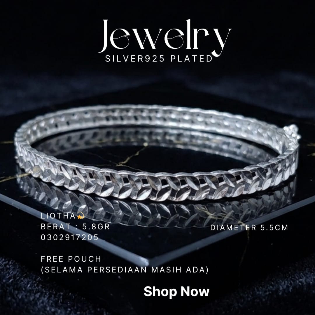 Gelang perak 925 model Liotha bangle motif daun berkilau di atas kaca hitam