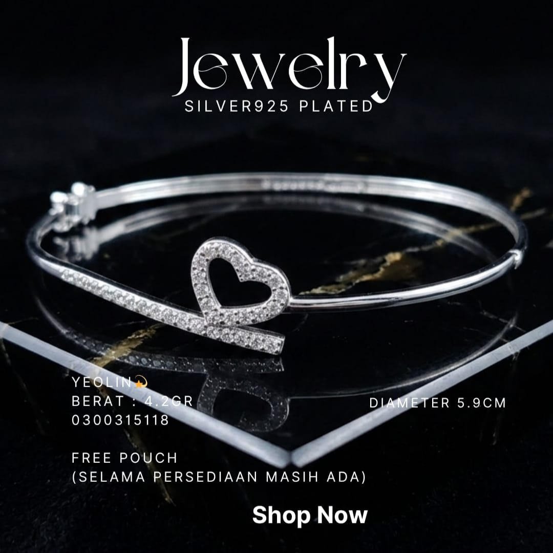 Gelang perak 925 model Yeolin bangle dengan hati zirkonia di atas kaca dan marmer