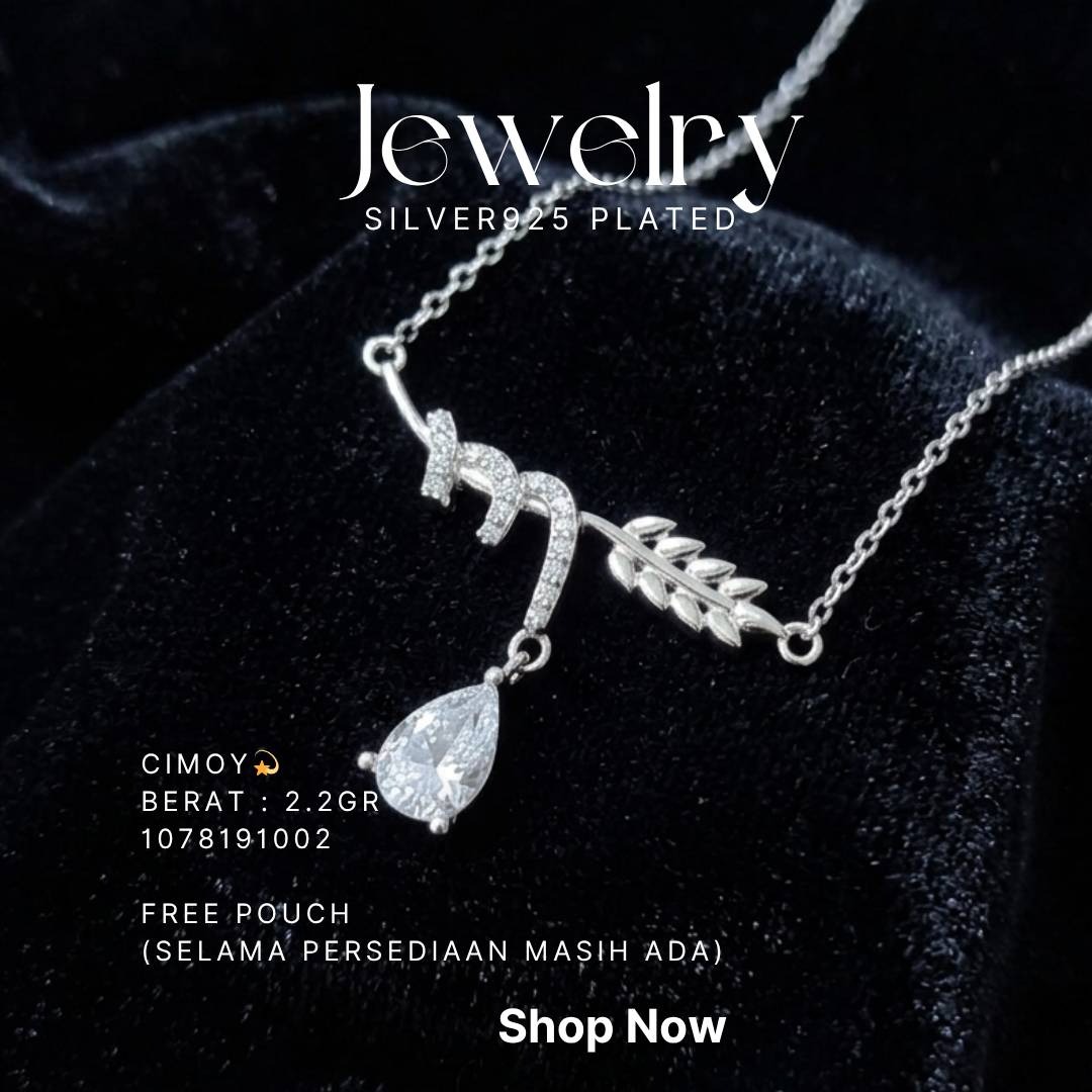 Kalung perak 925 model Cimoy dengan liontin zirkonia tetes dan hiasan daun di atas beludru hitam
