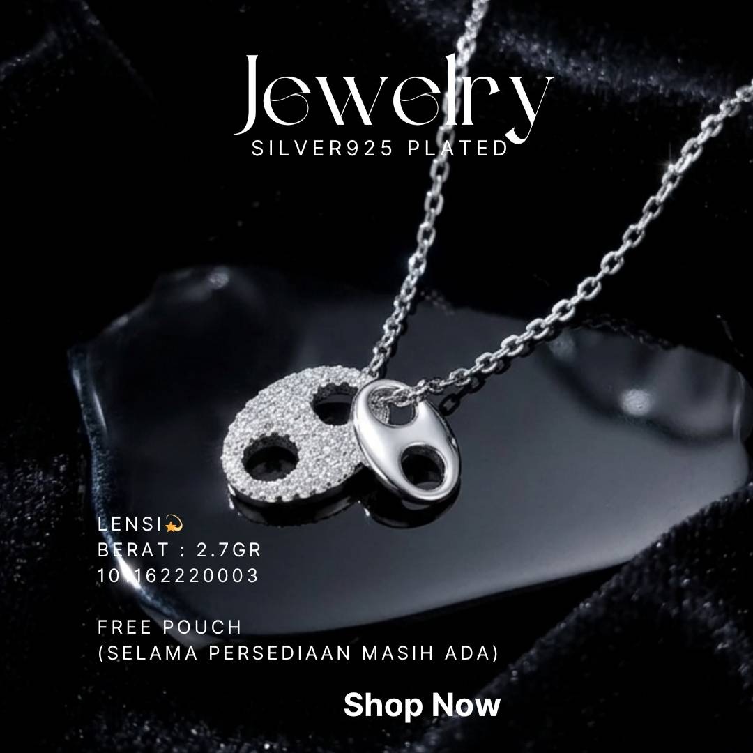 Kalung perak 925 model Lensi dengan liontin mata rantai berhias zirkonia di atas kaca hitam