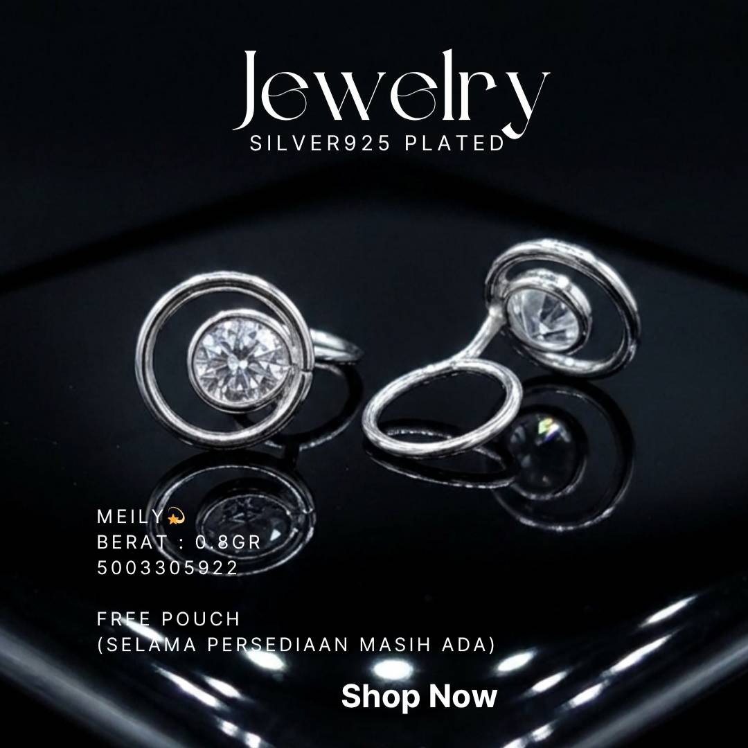 Anting perak 925 model Meily lingkaran zirkonia di atas latar hitam